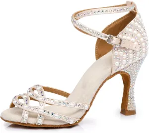 Women's Stylish Sparkle Rhinestones Peep Toe Satin Ballroom Samba Modern Party Wedding Professional Dance Shoes Nude US 8