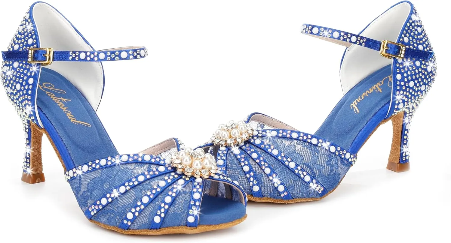 Y205-35 Women's Crystal Rhinestone Lace Latin Dance High Heel Shoes - Adjustable Ankle Strap Design, Stylish and Comfortable Dance Shoes