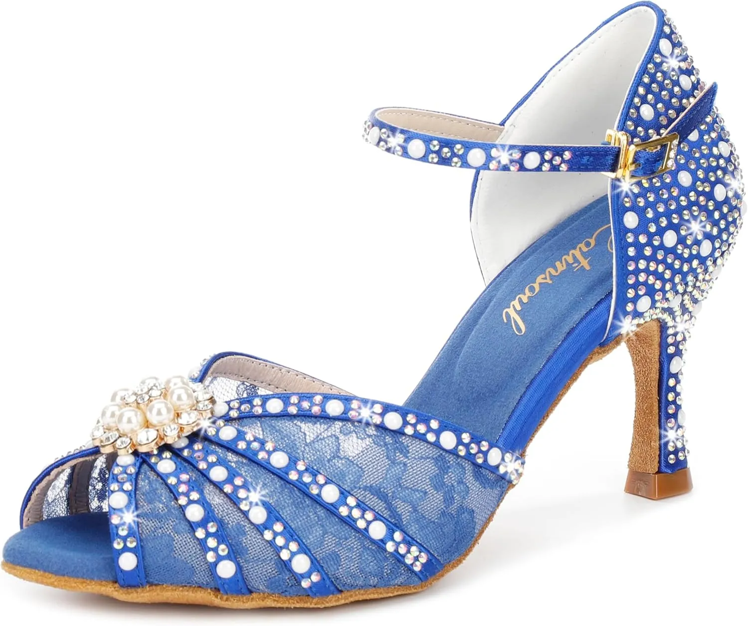 Y205-35 Women's Crystal Rhinestone Lace Latin Dance High Heel Shoes - Adjustable Ankle Strap Design, Stylish and Comfortable Dance Shoes