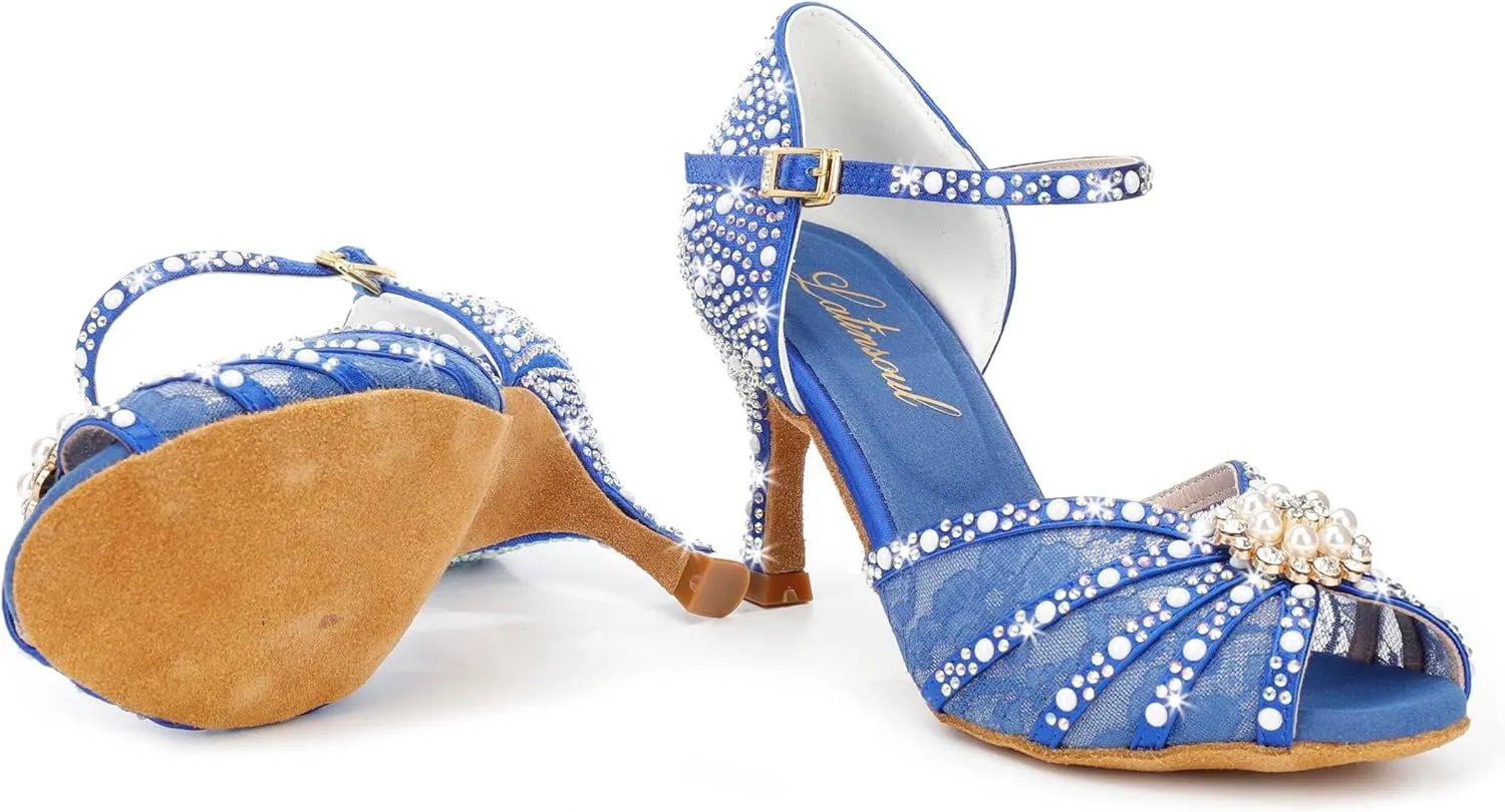 Y205-35 Women's Crystal Rhinestone Lace Latin Dance High Heel Shoes - Adjustable Ankle Strap Design, Stylish and Comfortable Dance Shoes