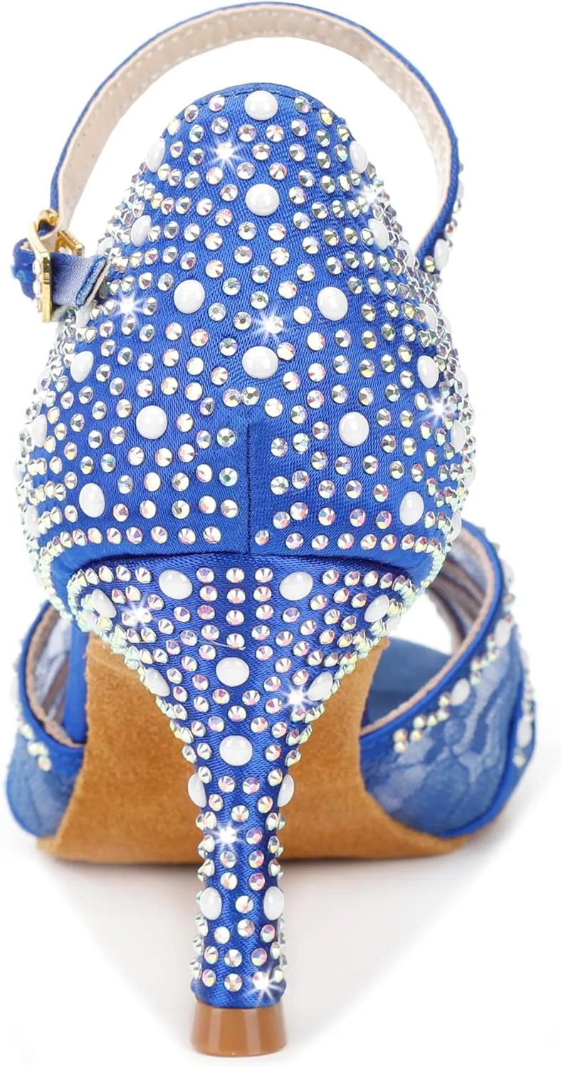 Y205-35 Women's Crystal Rhinestone Lace Latin Dance High Heel Shoes - Adjustable Ankle Strap Design, Stylish and Comfortable Dance Shoes