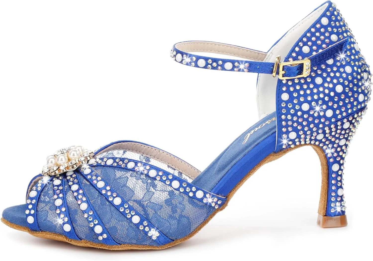 Y205-35 Women's Crystal Rhinestone Lace Latin Dance High Heel Shoes - Adjustable Ankle Strap Design, Stylish and Comfortable Dance Shoes