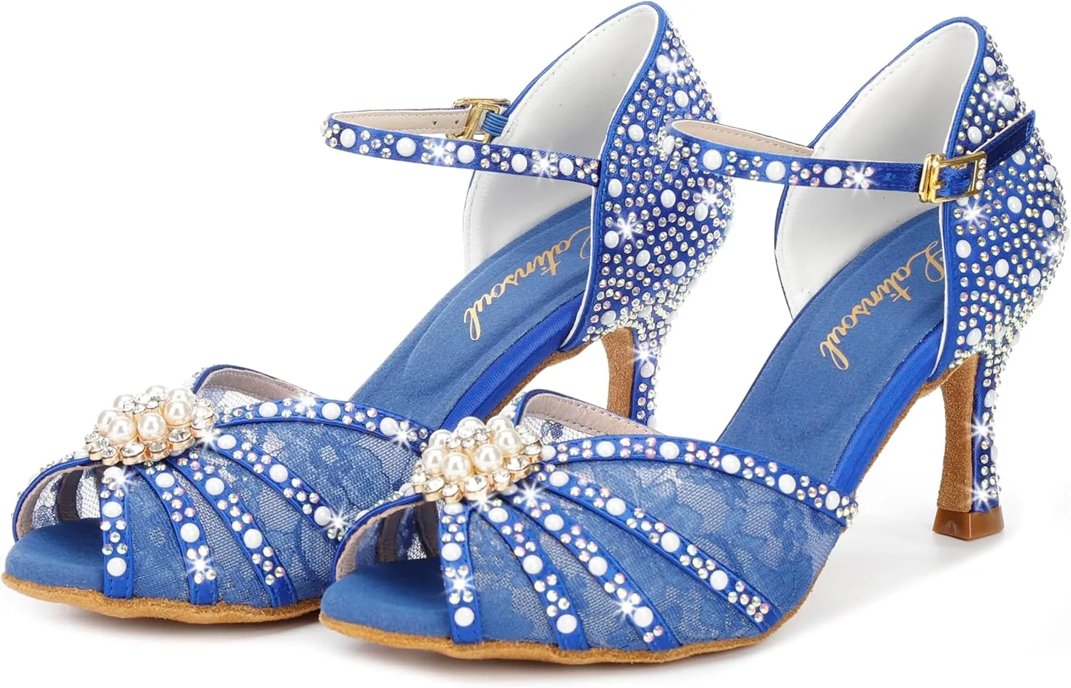 Y205-35 Women's Crystal Rhinestone Lace Latin Dance High Heel Shoes - Adjustable Ankle Strap Design, Stylish and Comfortable Dance Shoes
