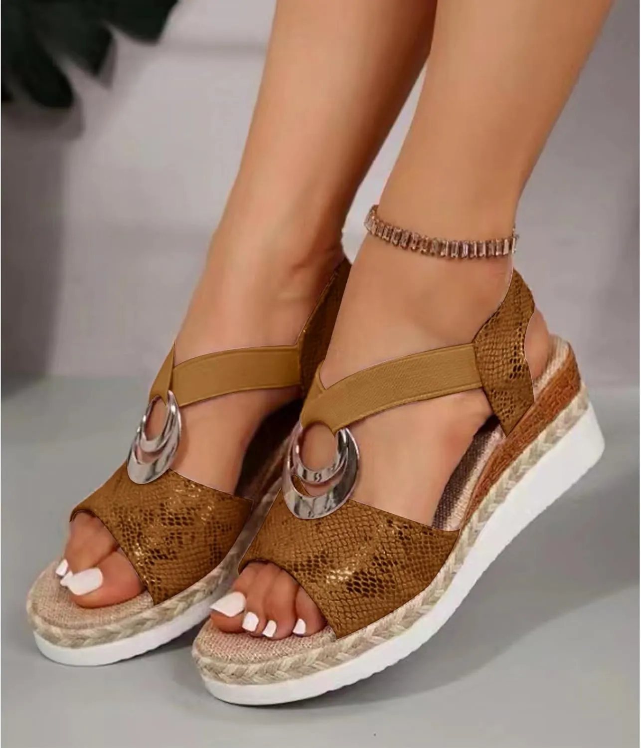 ZWRXW Orthopedic Platform Wedge Sandals for Women Open Toe Ankle Strap Espadrilles Sandals Comfortable Arch Support Wedge Sandal Casual & Dressy Summer Shoes with Metal Buckle