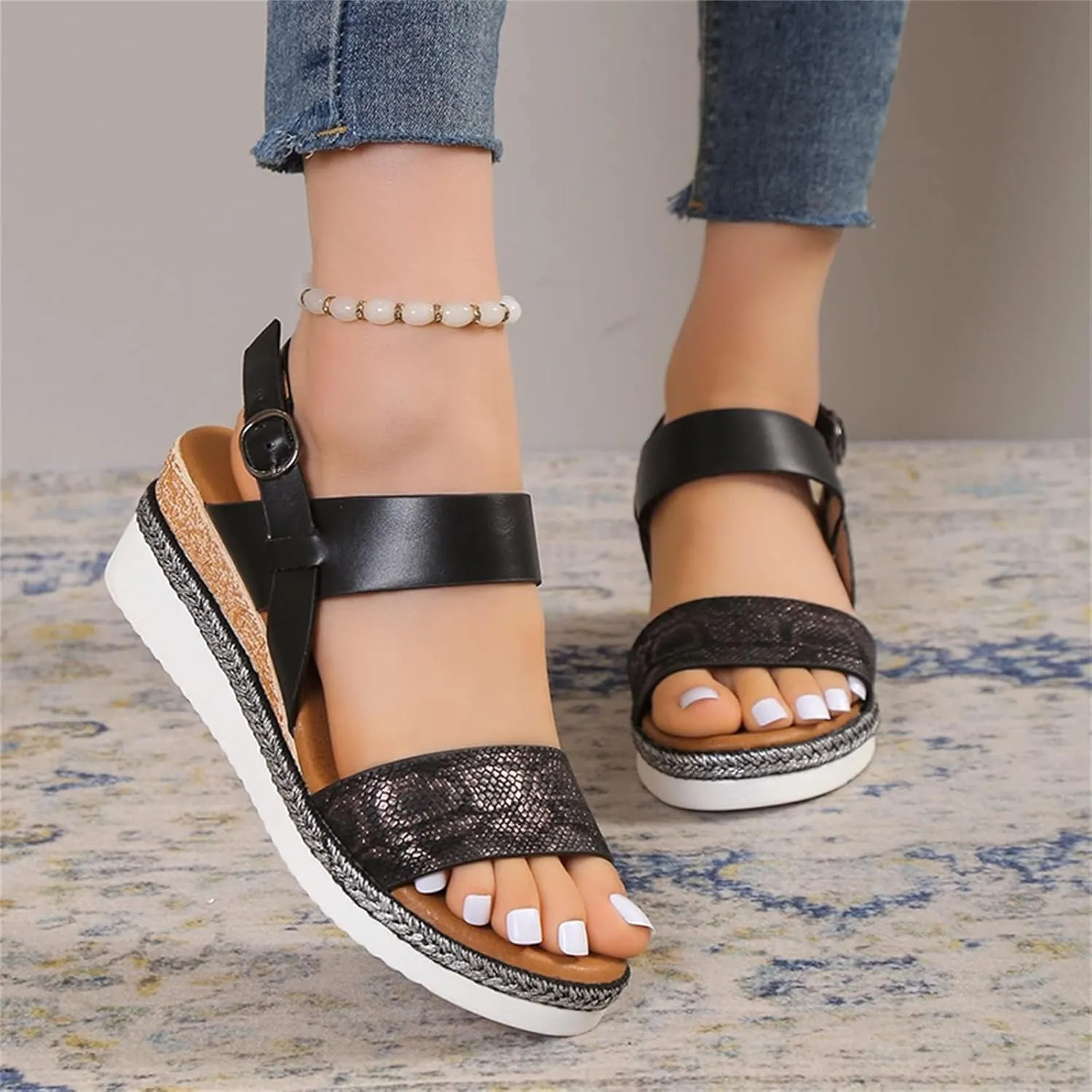 ZWRXW Sandals for Women 2025 Open Toe Ankle Strap Platform Sandal Arch Support Low Wedge Sandals Comfortable Dressy Summer Shoes Orthopedic Walking Shoes